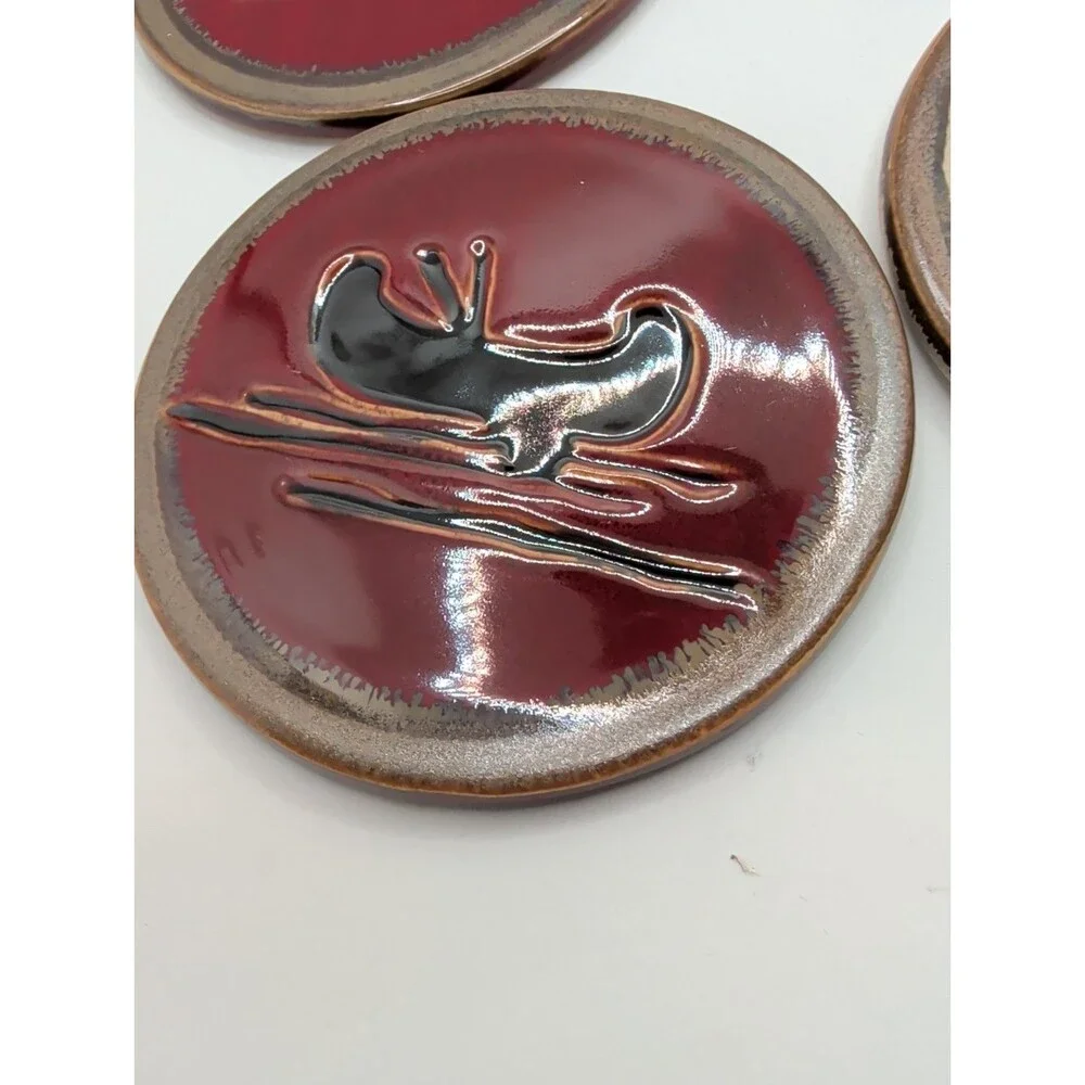 Home Studios Woodland Collection 4 Stoneware Coasters Bear Moose Canoe Pine Tree
